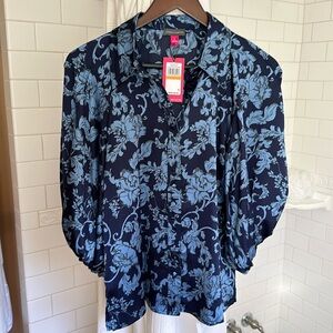 Vince Camuto Women S Classy Navy button up Floral Blouse Mid Sleeve Blouse